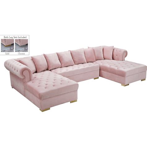 Meridian 698Pink-Sectional Presley 3 Piece Sectional Sofa in Tufted Pink Velvet Couch With ...