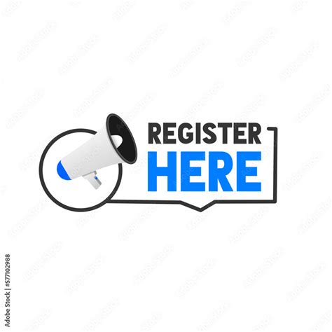 Register here banner design. Badge with megaphone icon. Announcement sign vector. Stock Vector ...