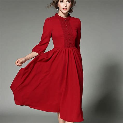 2017 Spring Women Elegant Dress Chiffon Fabric Red Color Fashion Style ...