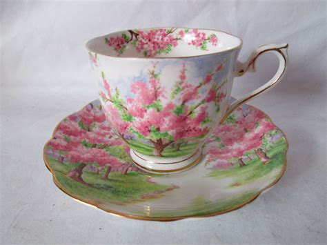 Vintage Tea cup and saucer Royal Albert Fine bone china pink floral trees Beautiful scene ...