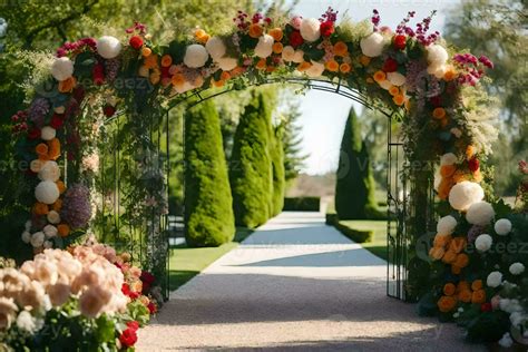 a wedding arch decorated with flowers and greenery. AI-Generated ...