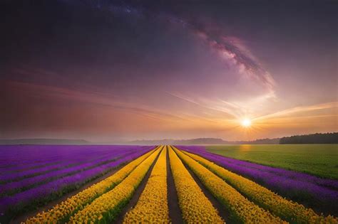 Premium AI Image | sunset over a field of tulips