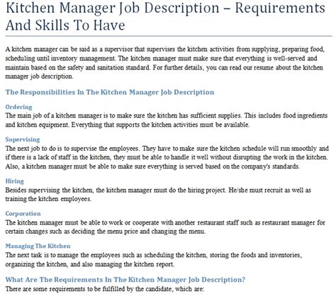 Kitchen Manager Job Description – Requirements And Skills To Have ...