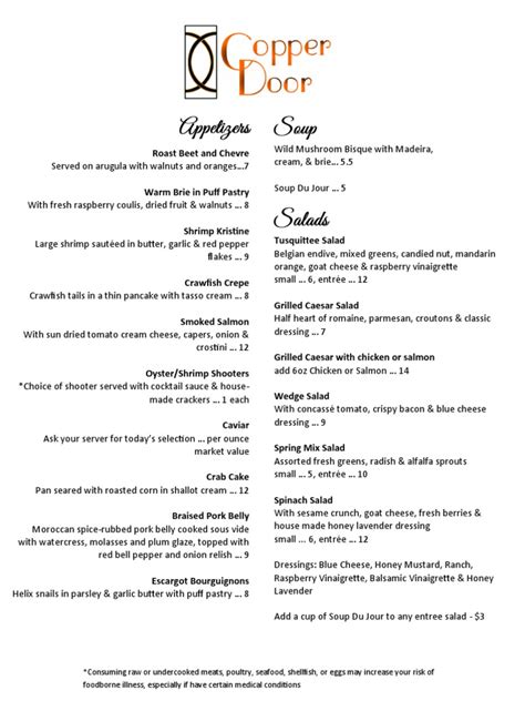 The Copper Door Menu - Hayesville, NC | Salad | Western Cuisine