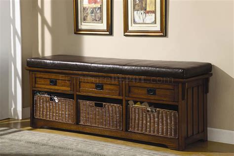 Oak Finish Storage Bench w/Dark Brown Cushion On Top