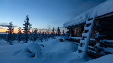 Finland Snow And Cabin Covered With Snow During Sunset 4K HD Winter Wallpapers | HD Wallpapers ...