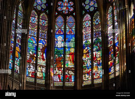 Medieval Gothic stained glass window showing the Kings of France. The Gothic Cathedral Basilica ...