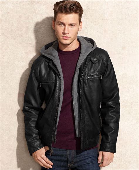 Calvin Klein Jacket Hooded Faux Leather Jacket, $195 | Macy's | Lookastic