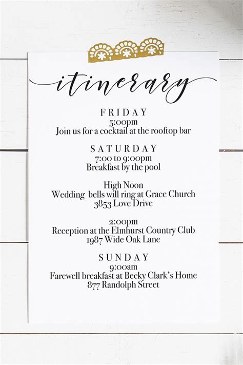 Printable Wedding Itinerary -- Free Download! | Wedding itinerary, Wedding weekend itinerary ...