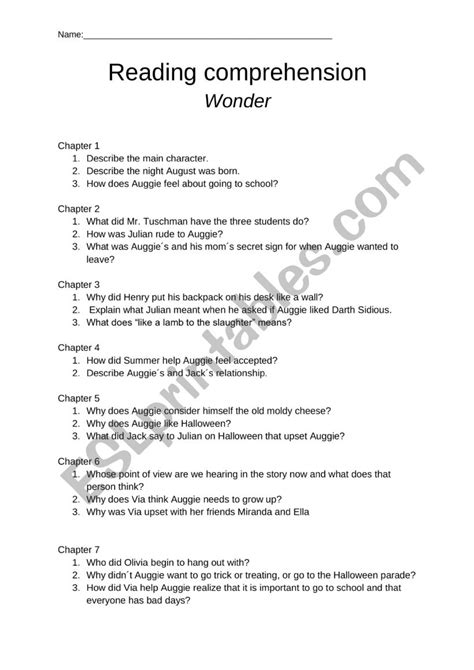 Wonder reading comprehension - ESL worksheet by Oneesan