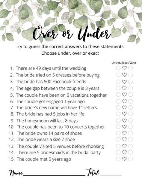 Over Or Under Bridal Shower Game (Free Printable)