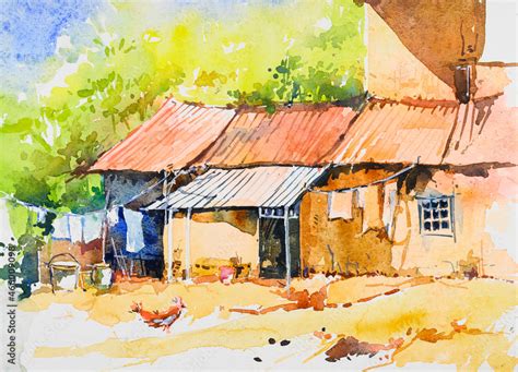 Watercolor painting of closely built houses. Hand painted illustration ...