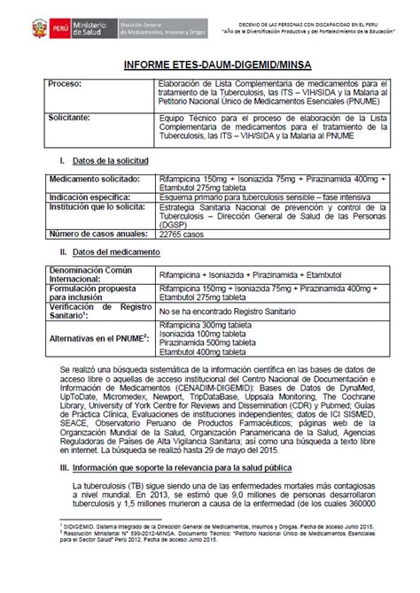 Informe técnico rifampicina + isoniazida + pirazinamida + etambutol tableta