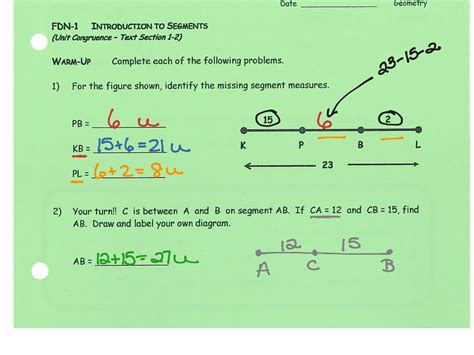 Big Ideas 1.2 Geometry Notes ruler postulatesegment addition copy ...