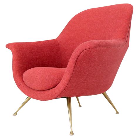 Italian Mid-Century Modern New Red Upholstery Lounge Chair on Solid ...