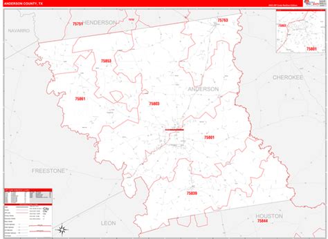 Anderson County, TX Zip Code Wall Map Red Line Style by MarketMAPS - MapSales