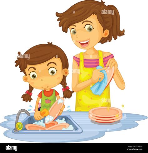 Illustration of mother and daughter washing dishes Stock Vector Image ...