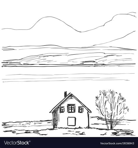 Outline sketch of a house hand drawn landscape Vector Image