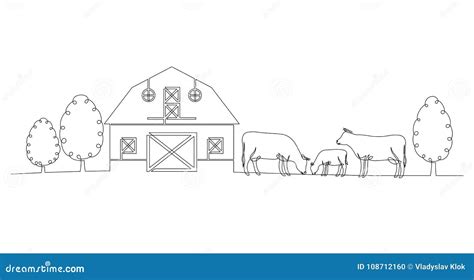 Continuous Line Drawing of Farm, Cow and Calf Stock Vector ...