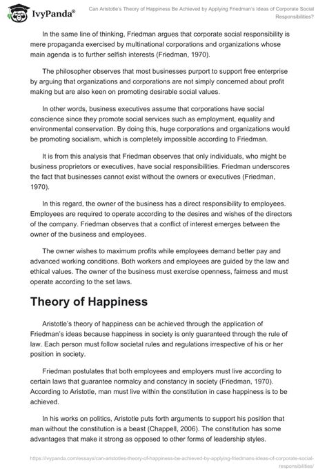 "Can Aristotle's theory of Happiness be achieved by applying Friedman's ...