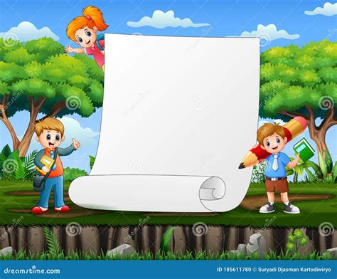 Paper Template with School Kids at Nature Background Stock Vector ...