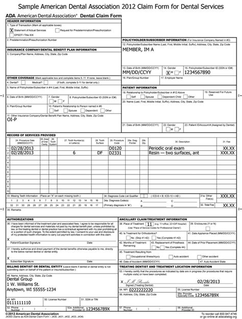 Ada Dental Claim Form Printable - Printable Forms Free Online