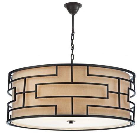 Large Art Deco Drum Pendant Ceiling Light, Bronze with Linen Shade