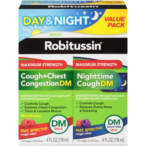 Robitussin Maximum Strength Cough + Chest Congestion DM and Maximum Strength Nighttime Cough DM ...