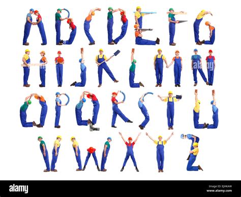 Alphabet formed from young people wearing industrial uniforms and ...