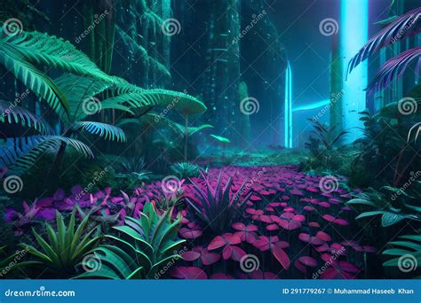 A Dense and Otherworldly Alien Jungle with Bioluminescent Plants Stock Illustration ...