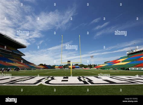 saskatchewan roughriders pitch mosaic stadium taylor field regina canada looking across pitch ...