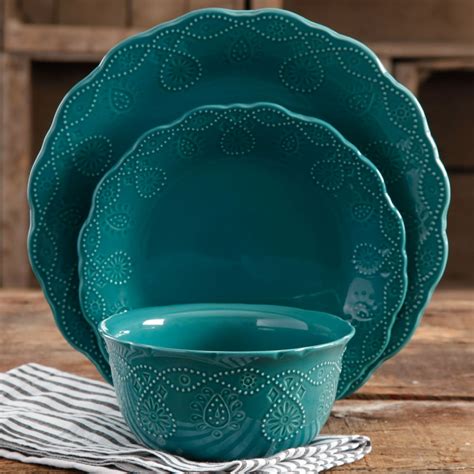 The Pioneer Woman Cowgirl Lace 12-Piece Dinnerware Set, Teal - Walmart.com - Walmart.com