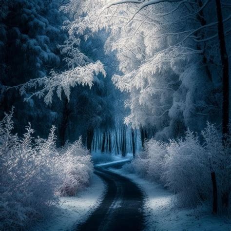 Premium Photo | A snowy road with a snowy forest and a light on the trees