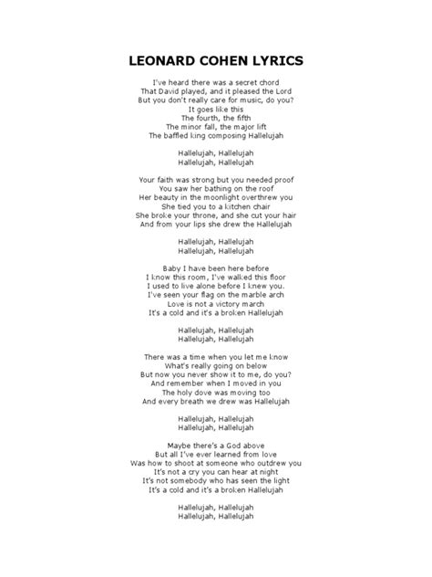 Printable Lyrics To Hallelujah