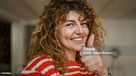 Self Portrait Of Caucasian Woman Stand Happy Confident At Cafe Indoor Stock Photo - Download ...