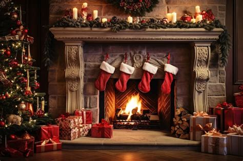 Premium AI Image | Cozy Christmas Scene with Fireplace Stockings and ...