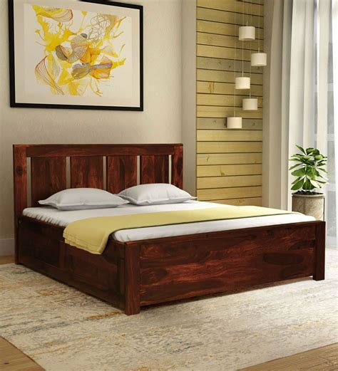 Denzel Solid Wood King Size Bed with Storage in Honey Oak Finish - Shagun Arts