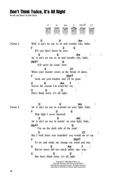 Don't Think Twice, It's All Right (Guitar Chords/Lyrics) - Sheet Music