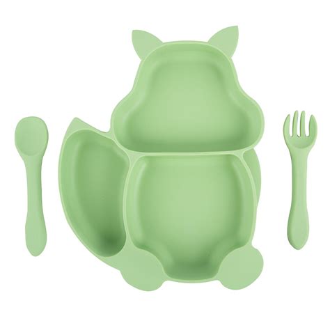 Silicone Squirrel plate with suction + Spoon and fork set - Green ...