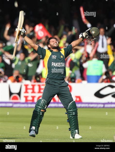 Pakistan's Shahid Afridi celebrates victory after hitting the winning runs during the Final of ...