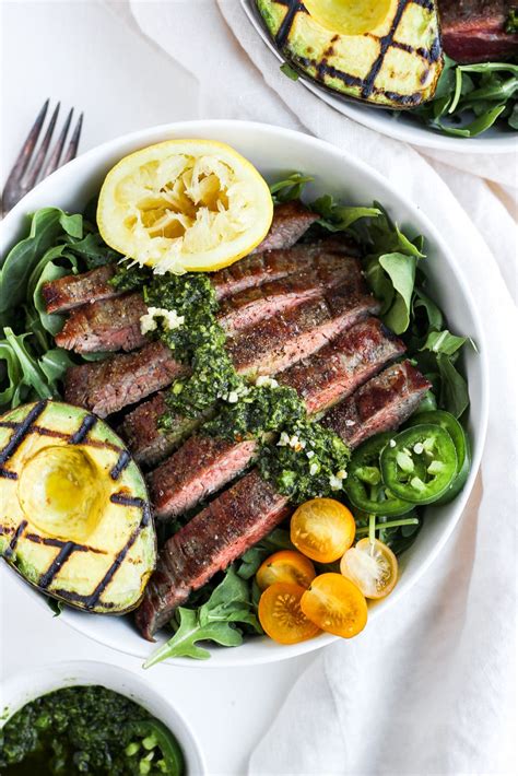 Grilled Flank Steak Salad + Jalapeño Chimichurri and Avocado - The Wooden Skillet