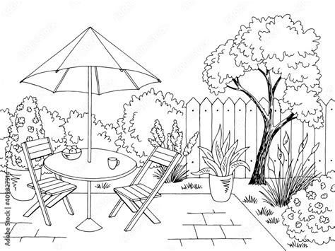 Garden graphic backyard table black white sketch illustration vector ...