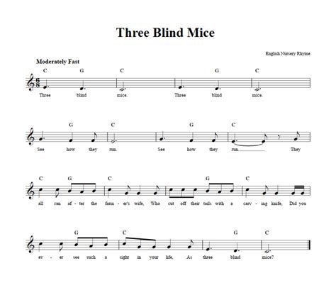 Three Blind Mice: Chords, Lyrics, and Sheet Music for C Instruments