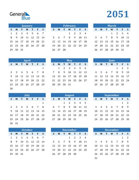 2051 Calendar (PDF, Word, Excel)