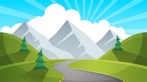 Travel day cartoon landscapen. Mountain, fir, road illustation. 517266 Vector Art at Vecteezy