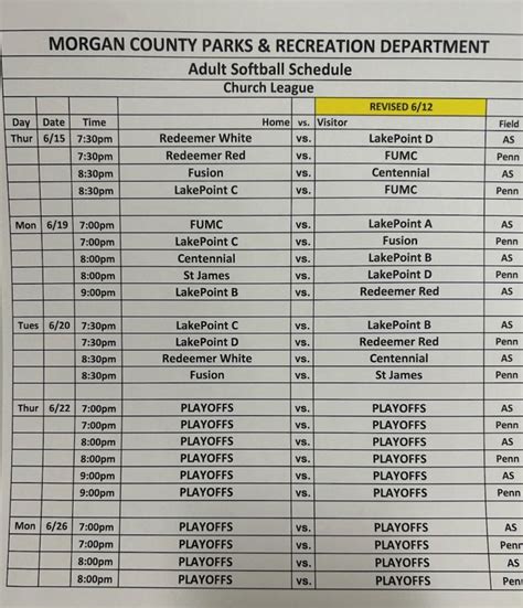 Softball Schedule - Covenant Park Church