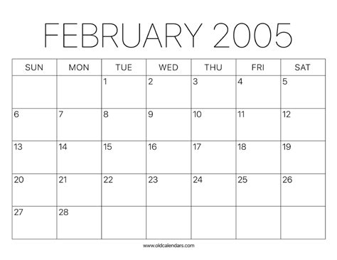 2005 Calendar February – Printable Old Calendars