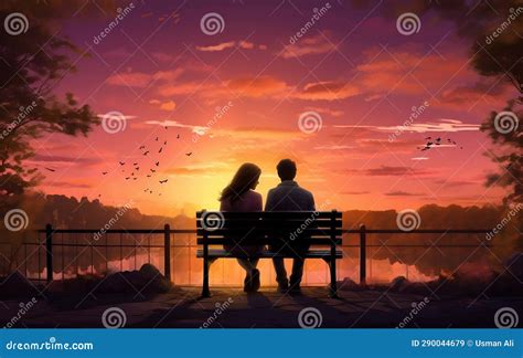 Romantic Couple Sitting on Bench at Sunset. AI Stock Illustration - Illustration of affectionate ...