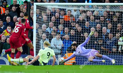 Liverpool Goalkeeper Alisson Becker Saves Erling Editorial Stock Photo ...