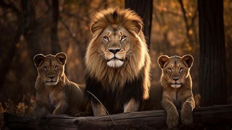 Premium AI Image | Lion family on a log with a tree in the background